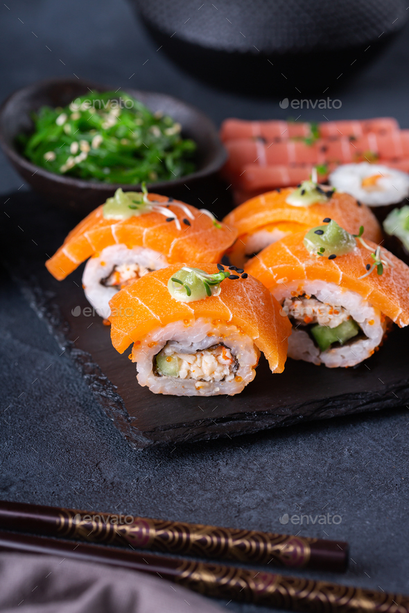 Vegan Sushi, Sashimi and Maki Rolls with Plant based seafood