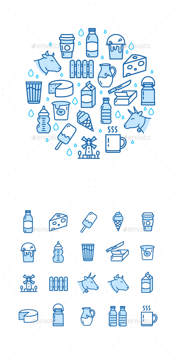 Fresh Milk Dairy Product Blue Thin Line Icon Set. Vector