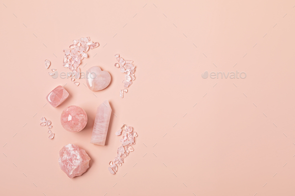 Healing reiki chakra crystals therapy. Alternative rituals with pink quartz for wellbeing - Stock Photo - Images