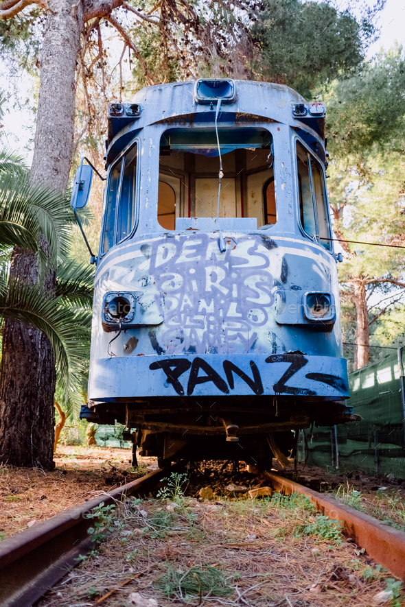 Old tram abandoned and vandalized in a park by young graffiti artists.