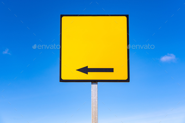 An empty square yellow traffic sign, with an arrow, to include text.