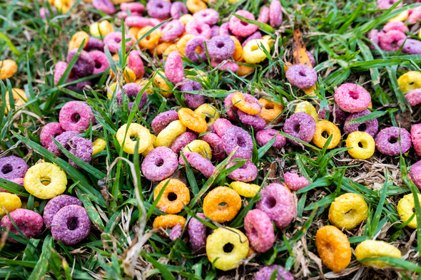 Highly processed foods for children such as breakfast cereal rings of various colors.