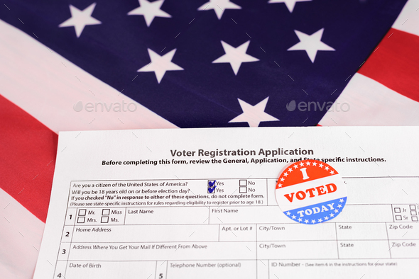American citizens fill out the form to apply in the voting, on patriotic background of American