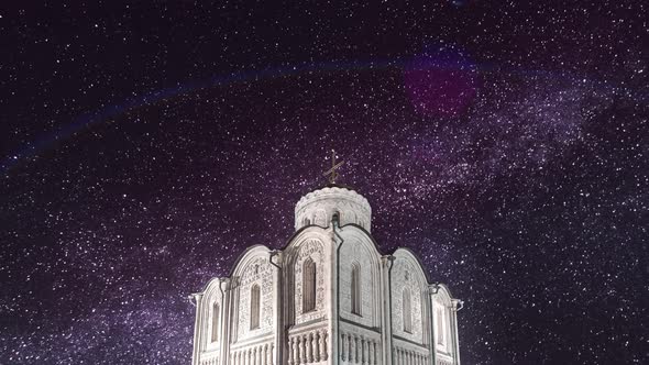 Night Stars Timelapse Milky Way White Stone Old Church Dmitrievsky Cathedral