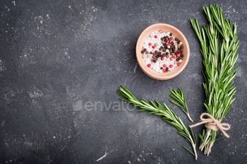 Herbs and spices. Rosemary, salt and pepper on concrete table. Cooking ingredients. Top view