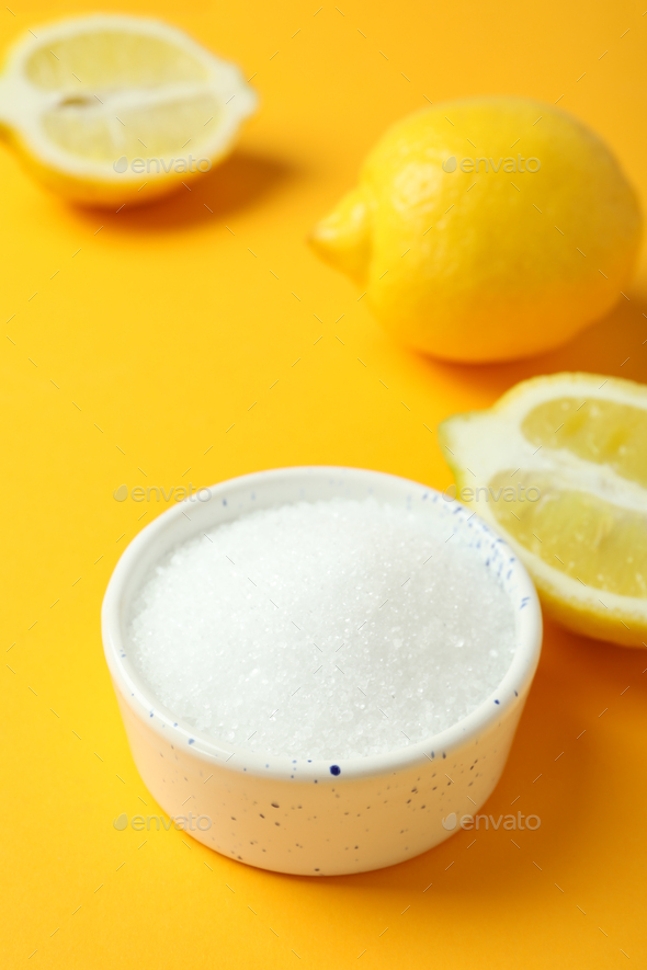 Concept of household cleaners, lemon acid, close up