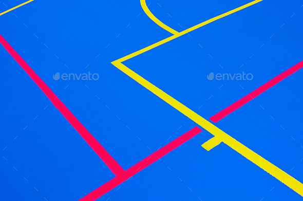 Design of a sports field, with blue background and red and yellow white lines