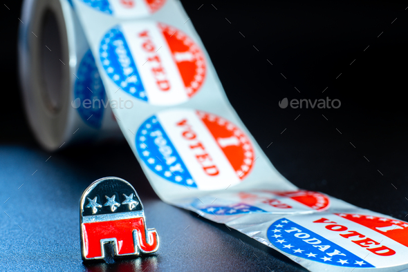 Emblem of the American Republican Party, an elephant, along with voting stickers on Election Day.