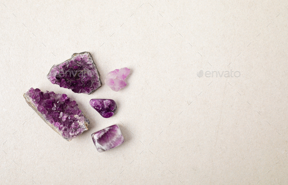 Healing reiki chakra crystals therapy. Alternative rituals with amethyst for meditation, relaxation - Stock Photo - Images