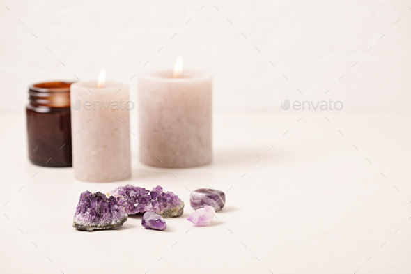 Healing reiki chakra crystals therapy. Alternative rituals with amethyst for meditation, relaxation - Stock Photo - Images