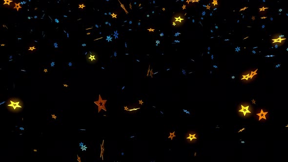 Animation Christmas background with gold stars and blue snowflakes.