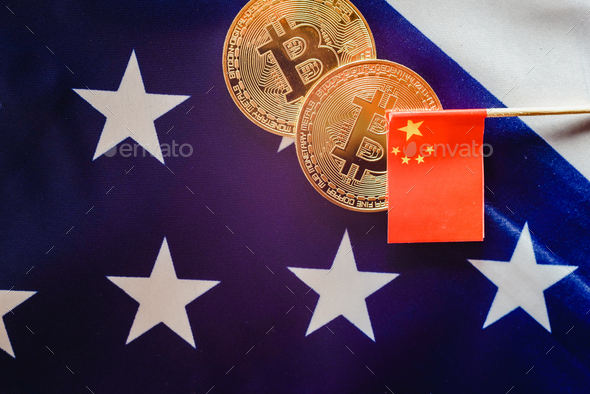 China uses bitcoins to win trade war to the United States, Chinese and American flags together.
