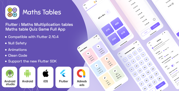 Flutter Math Multiplication Table: Math Quiz Game Full App with Admob ready to publish