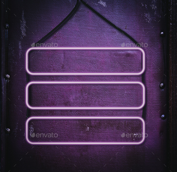 Three blank neon signs hang on black cable, purple leather background