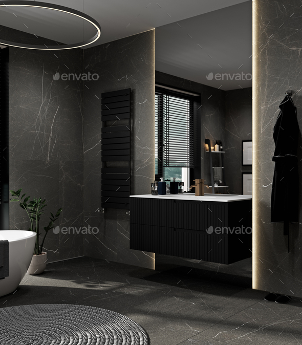 Modern gray bathroom interior with black furniture, bathtub and sink ...