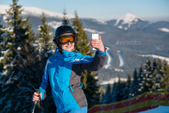 Skier taking a selfie in the mountains