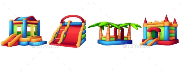 Cartoon Inflatable Trampolines and Slides for Kids by redgreystock