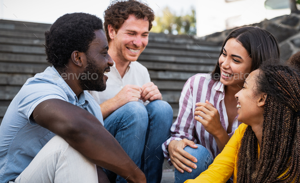 Young multiracial friends having fun hanging out together - Friendship ...