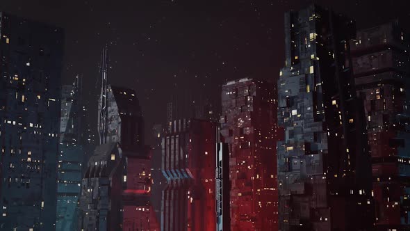 Futuristic, Dystopian Sci-Fi City at Night Establishing Shot