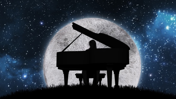 Silhouette Of a Man Playing Piano On The Background Of The Moon