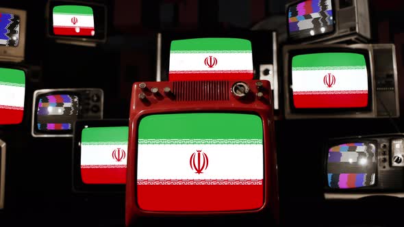 Flag of Iran on Retro TVs. 4K.