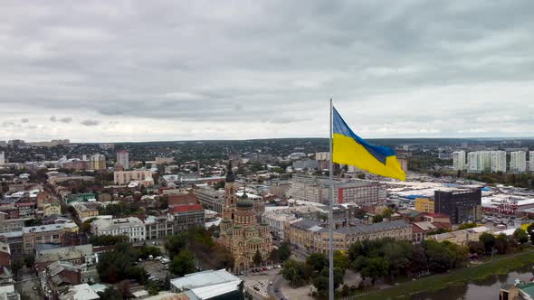 Flag of Ukraine, Cathedral Kharkiv city aerial