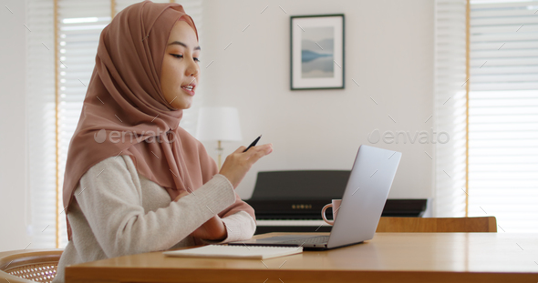 Asia arab people young woman wear hijab headscarf plan study MBA college class