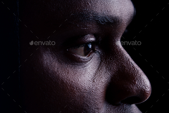 military army african male camouflage suit sorrow black background studio - Stock Photo - Images