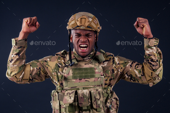 american man in camouflage suit sorrow cry shout - Stock Photo - Images