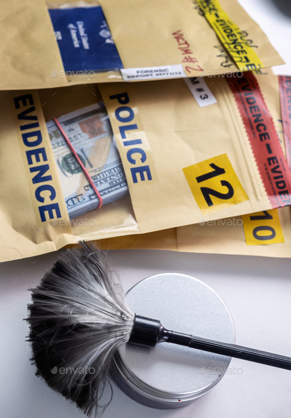 Evidence bag with money and passport of a victim, crime lab, concept image