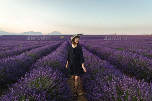 beautiful young woman standing between blooming lavender flowers and looking away, provence, france
