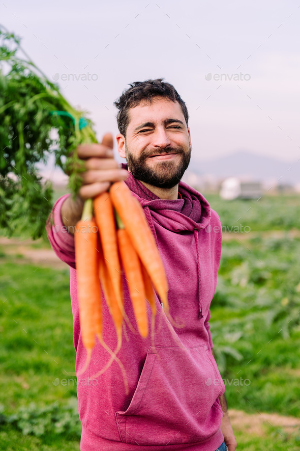 entrepreneur farmer showing a bundle of carrots