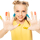 happy child showing colorful painted hands and smiling at camera isolated on white - PhotoDune Item for Sale
