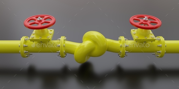 Gas conflict, Fuel crisis. Natural gas pipeline with a knot, valve is closed. 3d render