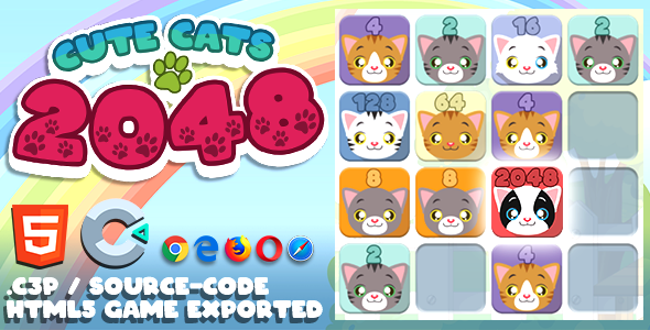 Cute Cats 2048 HTML5 Game - With Construct 3 File