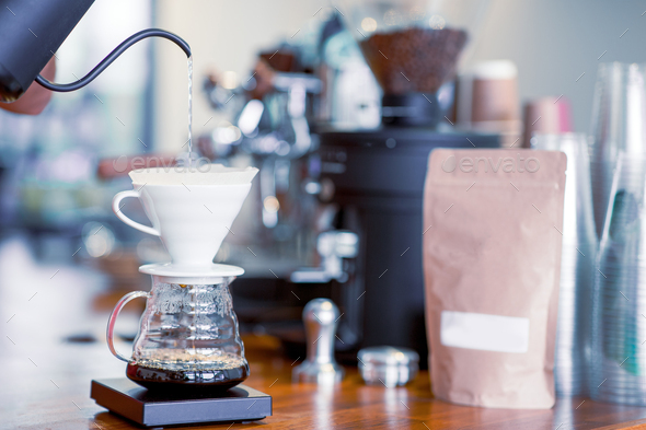 Third wave coffee brewing method: V60 coffee dripping iview from a vintage coffee shop.