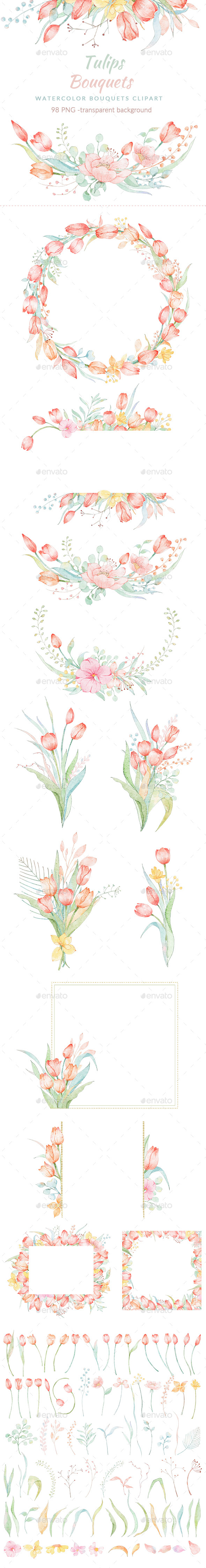 Watercolor Tulips Bouquets Clipar Set