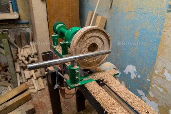 Lathe Machine With Wooden Turning Blanks In Workshop Stock Photo By ...