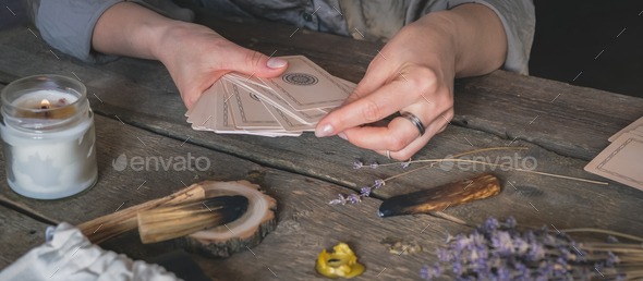 Tarot cards, Fortune telling on tarot cards magic crystal, occultism, Esoteric background.