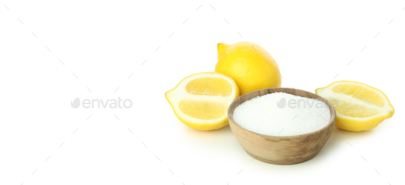 Concept of household cleaners, lemon acid isolated on white background