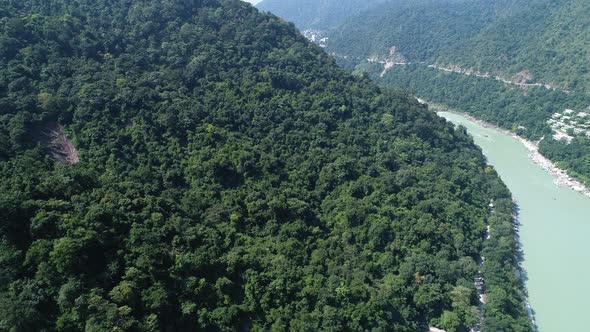 The Ganges river near Rishikesh state of Uttarakhand in India seen from the sky alt