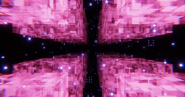 Fly through sci-fi abstract cubes space with blue and pink neon lights. Looped futuristic animation.