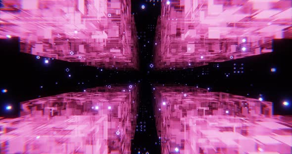 Fly through sci-fi abstract cubes space with blue and pink neon lights. Looped futuristic animation. alt