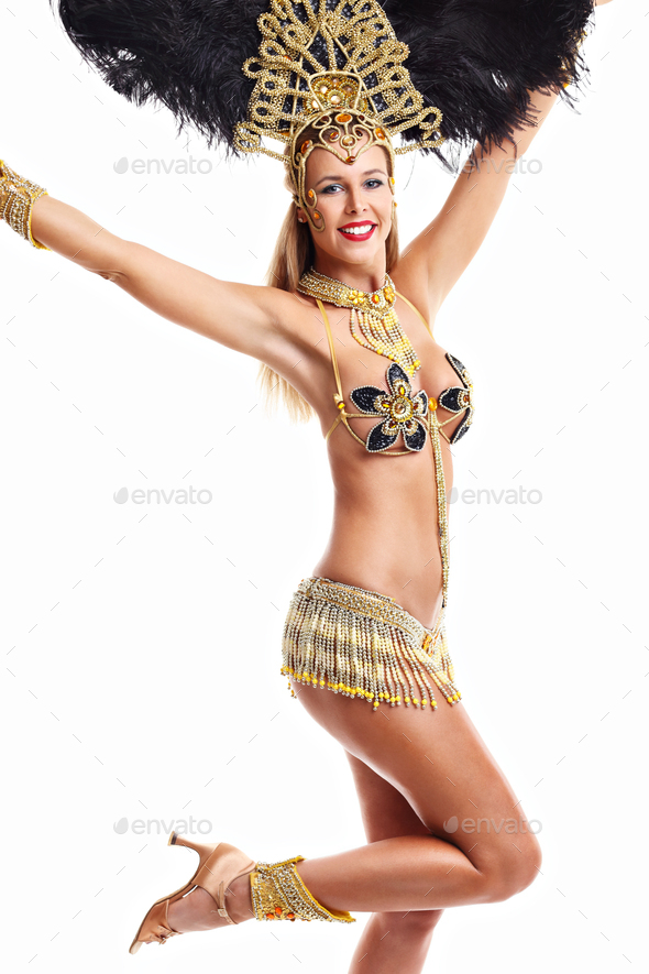 Brazilian Woman Posing In Samba Costume Over White Background Stock Photo By Macniak