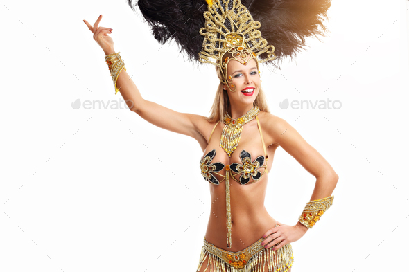 Brazilian Woman Posing In Samba Costume Over White Background Stock Photo By Macniak