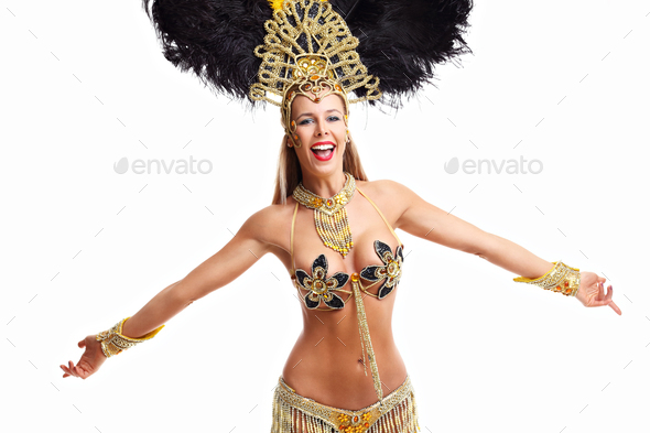 Brazilian Woman Posing In Samba Costume Over White Background Stock Photo By Macniak