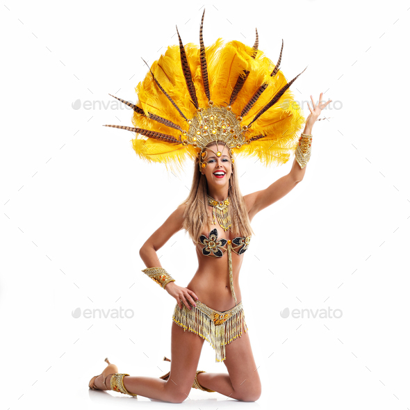 Brazilian Woman Posing In Samba Costume Over White Background Stock Photo By Macniak