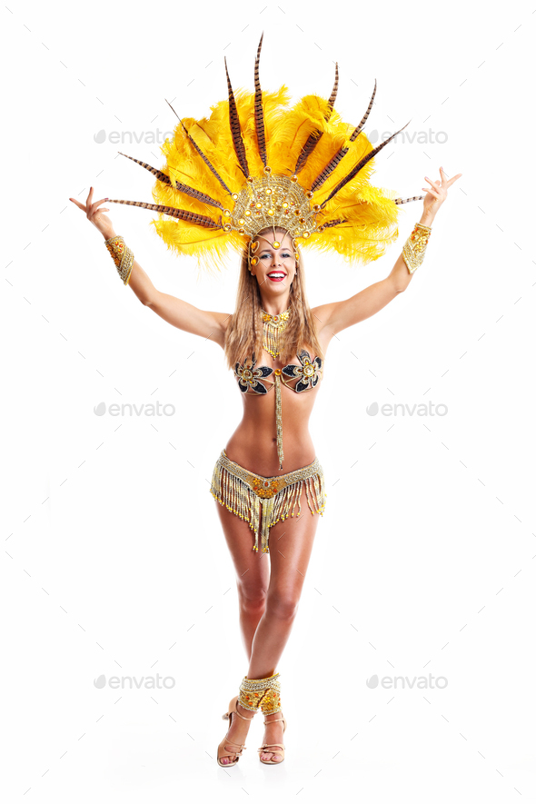 Brazilian Woman Posing In Samba Costume Over White Background Stock Photo By Macniak