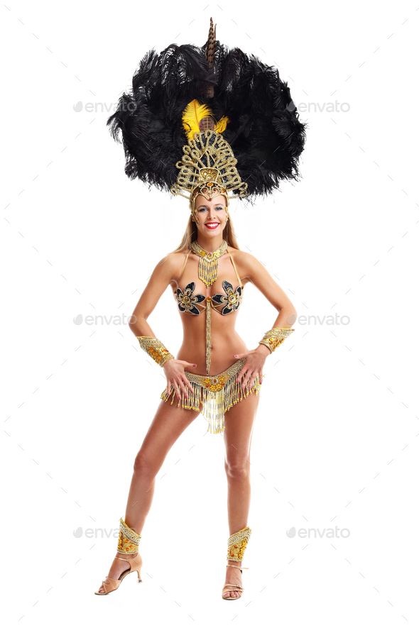 Brazilian Woman Posing In Samba Costume Over White Background Stock Photo By Macniak