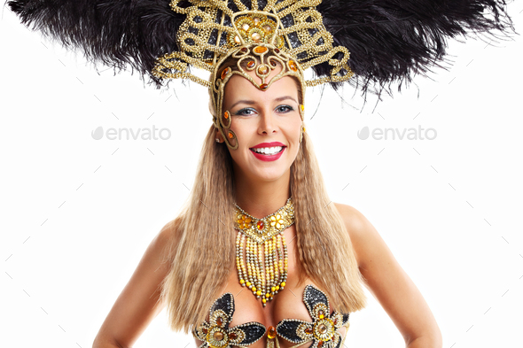 Brazilian Woman Posing In Samba Costume Over White Background Stock Photo By Macniak